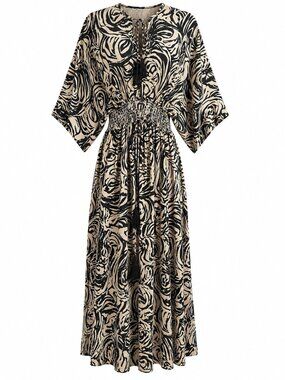 White Waves Black & Beige Abstract Print Maxi Dress L/XL 100% Art Silk